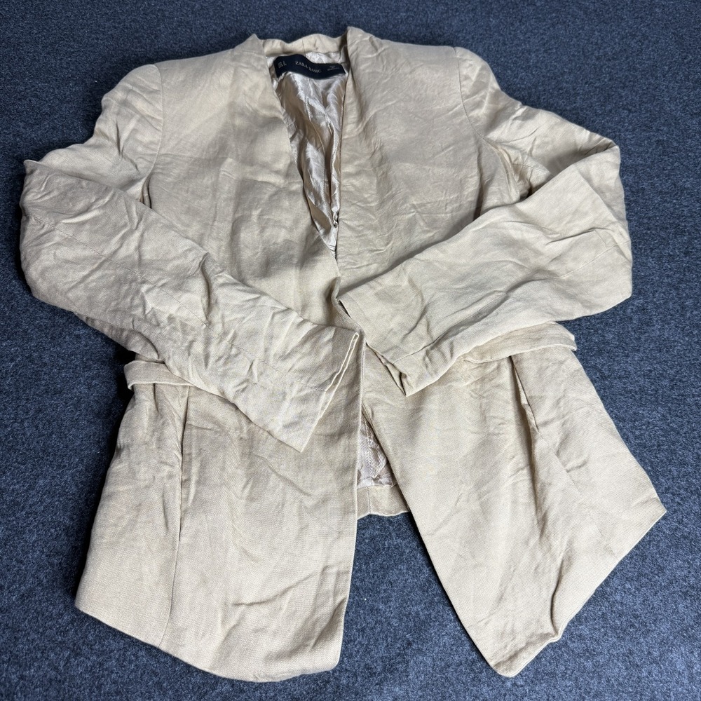 Zara Linen Blazer Womens Small Tan Jacket Pockets Lightweight Structured Texture